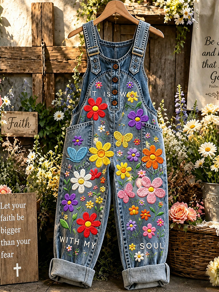 Women's Retro Style Art Print Washed Cotton Denim Patchwork Jumpsuit